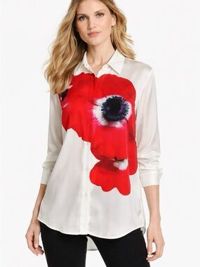 Serena Bute White Button-Down Shirt with Red Floral Print